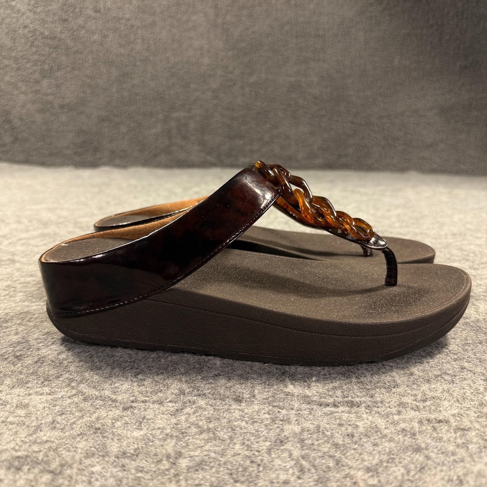 FitFlop Sandals Shoes Womens Size 9 Brown Thong Wedge Comfort Chain Slip On - Picture 2 of 10